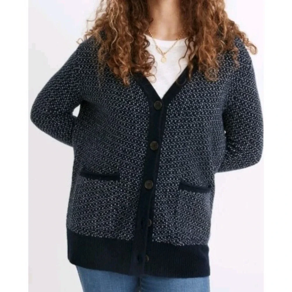 Madewell‎ Womens Navy Blue White Birds Eye Knit Button Front Cardigan Sweater XS